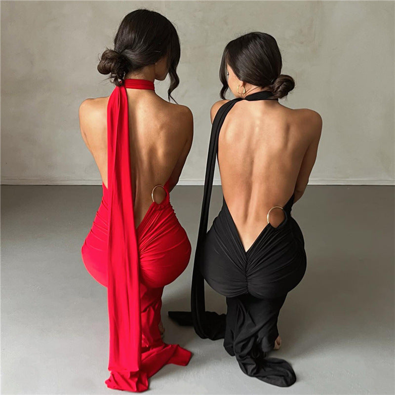 Vestido de noche ajustado con cuello halter y espalda descubierta para mujer