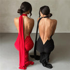 Vestido de noche ajustado con cuello halter y espalda descubierta para mujer