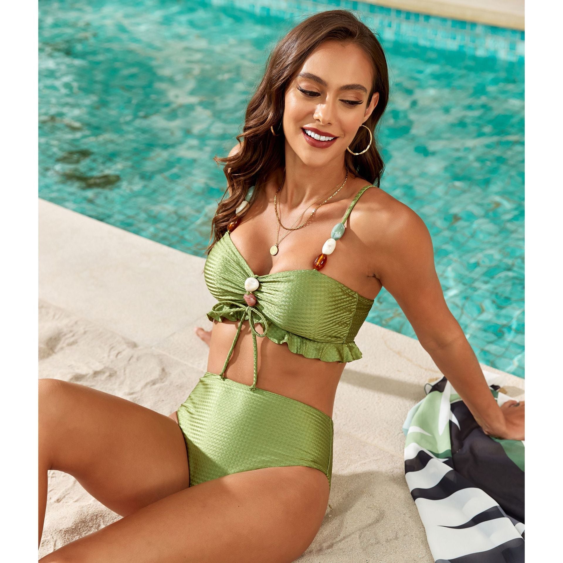 Beads Tether Split Swimsuit Women Three Piece Sets Bikini Aqua