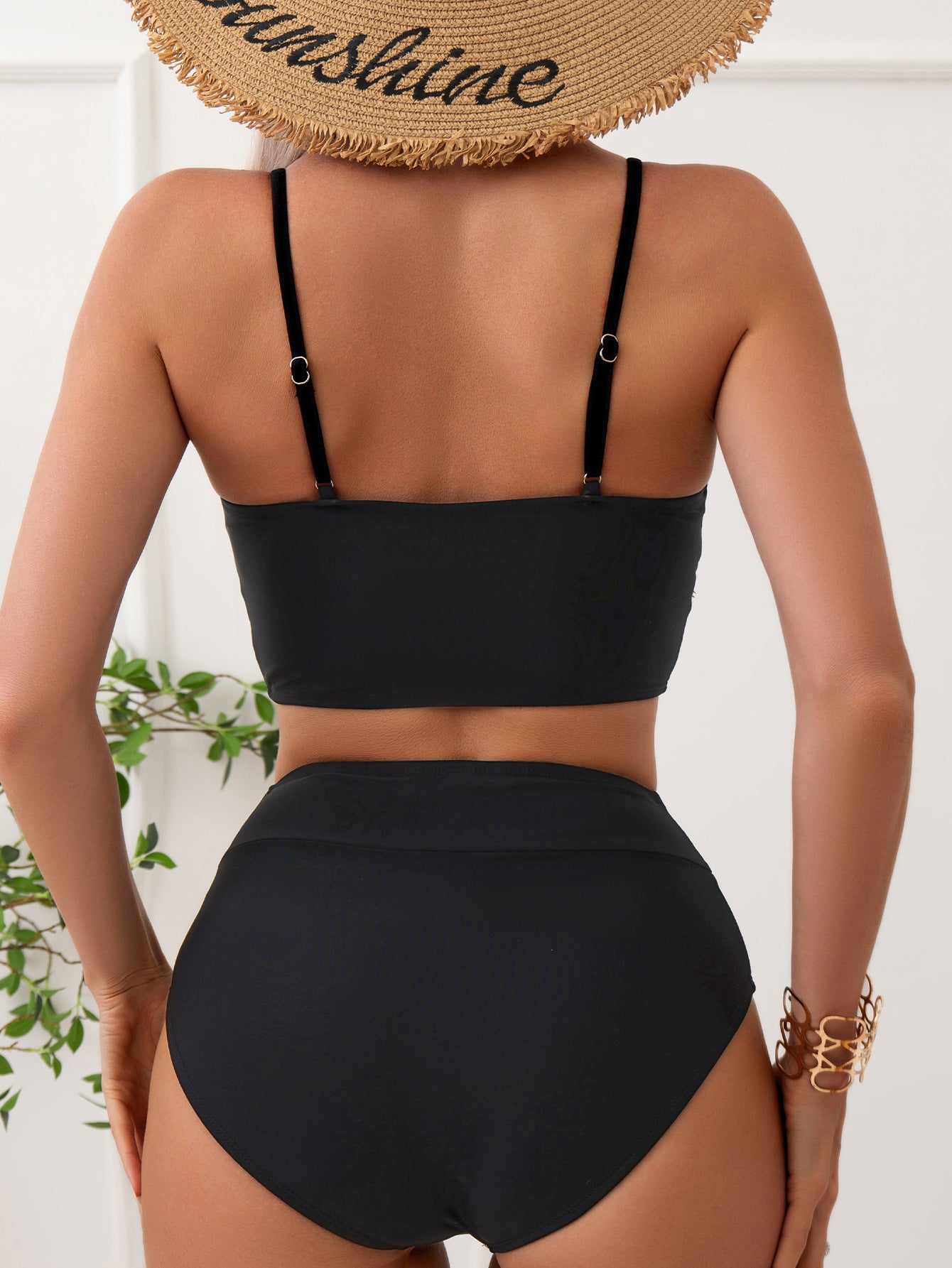 Bikini de color sólido con escote en V profundo, sin espalda, sexy, dividido