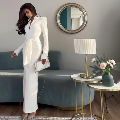 Fall Women Clothing Solid Color Collared Waist Tight Slim Fit Lace up Long Sleeve Zipper Dress