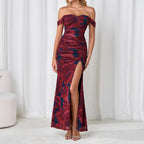 Mesh Camisole Dress Backless High Slit off Neck Slim Fit Ruffle Hip Dress SUNSHINE