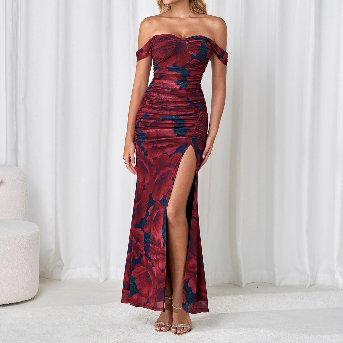 Mesh Camisole Dress Backless High Slit off Neck Slim Fit Ruffle Hip Dress SUNSHINE