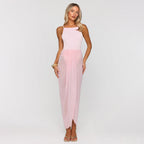 Women Clothing Summer Mesh Splicing Sling Backless Lace up Pleated Sexy Dress Women COORAL