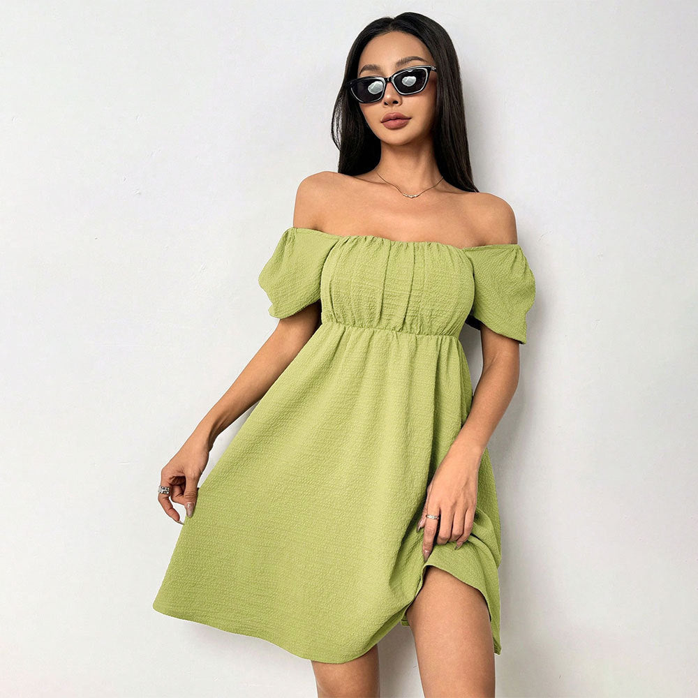 Sexy Elegant Summer Square Collar Puff Sleeve Short Sleeve Waist Controlled Design Short Dress Yiskiss