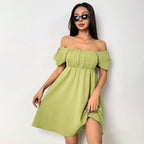 Sexy Elegant Summer Square Collar Puff Sleeve Short Sleeve Waist Controlled Design Short Dress Yiskiss