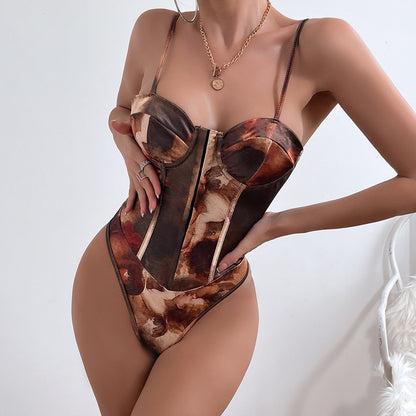 Sexy Street Satin Printed Sling Sexy Backless Breasted Steel Ring Jumpsuit
