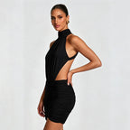 Women Clothing Summer Solid Color Small Turtleneck Sleeveless Sexy Backless Ruffle Hip Dress COORAL