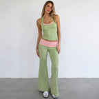 Casual Contrast Color Halter Sports Set Sexy Backless Slimming Low Waist Suspender Trousers Two Piece Set LingSharp