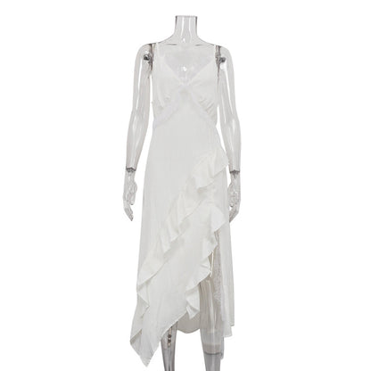 French Design Irregular Asymmetric Hem Backless Sexy Dress Women Lace Stitching Sleeveless Cami Dress