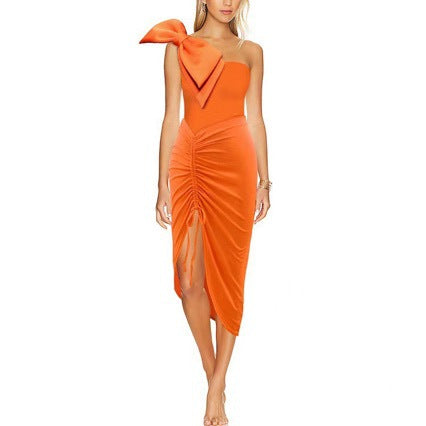 Traje de baño francés de dos piezas con lazo en los hombros oblicuos y plisado de color liso para mujer