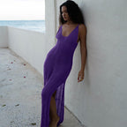 Women Sling Backless Knitted Dress Beach Seaside V neck Sexy Tight Split Spring Summer Dress Forkaz