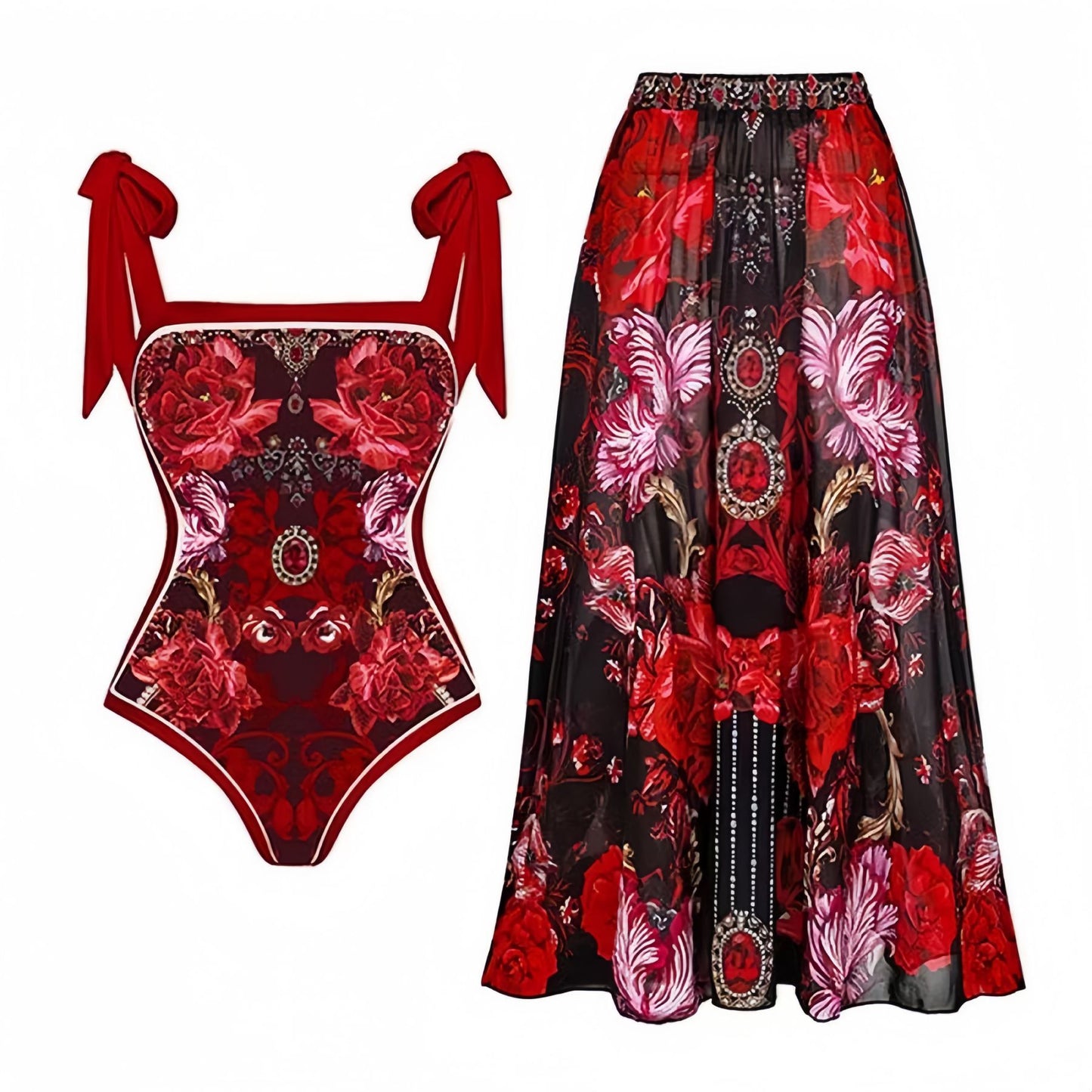 Traje de baño conservador con protector solar para mujer, falda de gasa estampada vintage, bikini