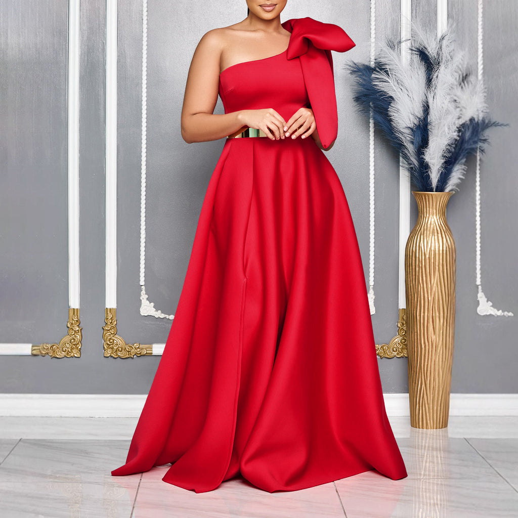 Summer Graceful Fashionable Oblique Shoulder Bow Cocktail Formal Maxi Dress Morn
