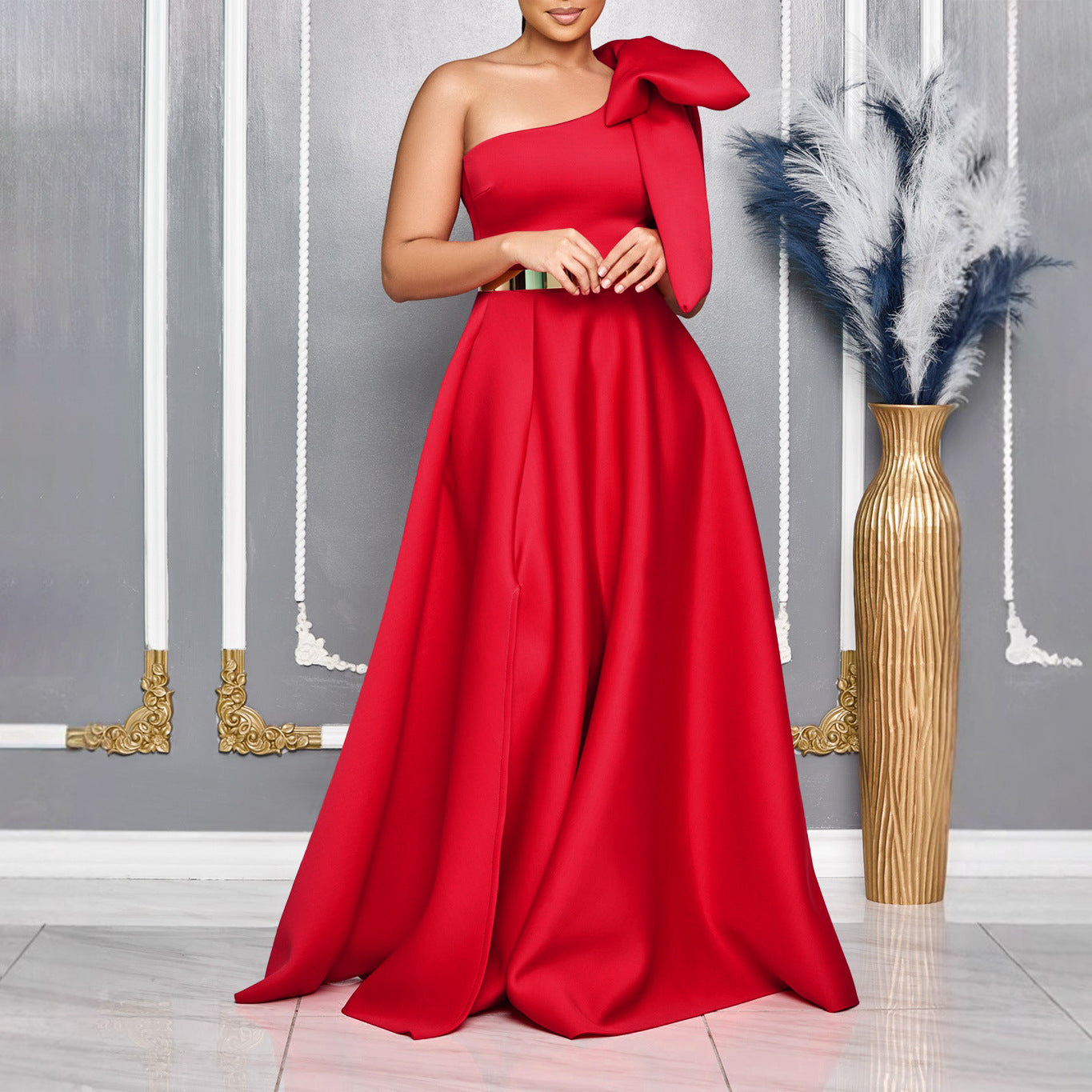 Summer Graceful Fashionable Oblique Shoulder Bow Cocktail Formal Maxi Dress Morn