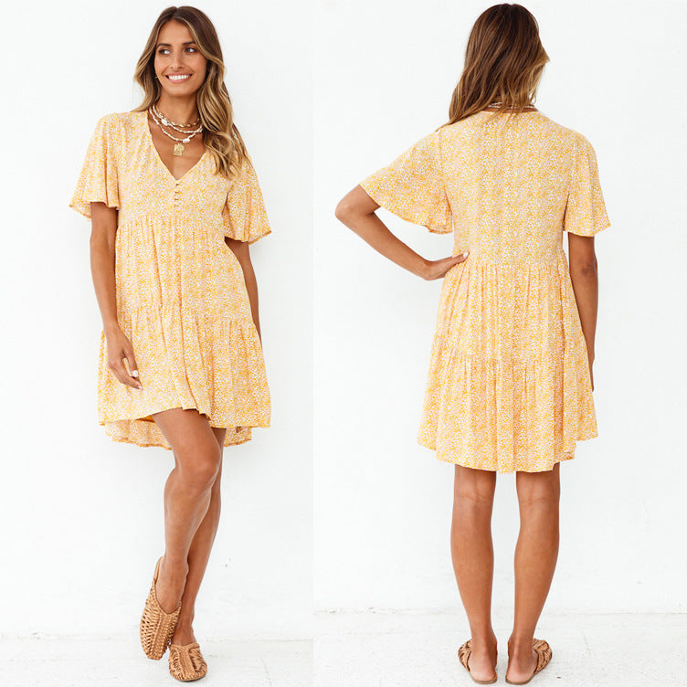 Spring Summer New V-neck Flared Short Sleeve Printed Pleated Large Swing Dress Women Clothing Angel