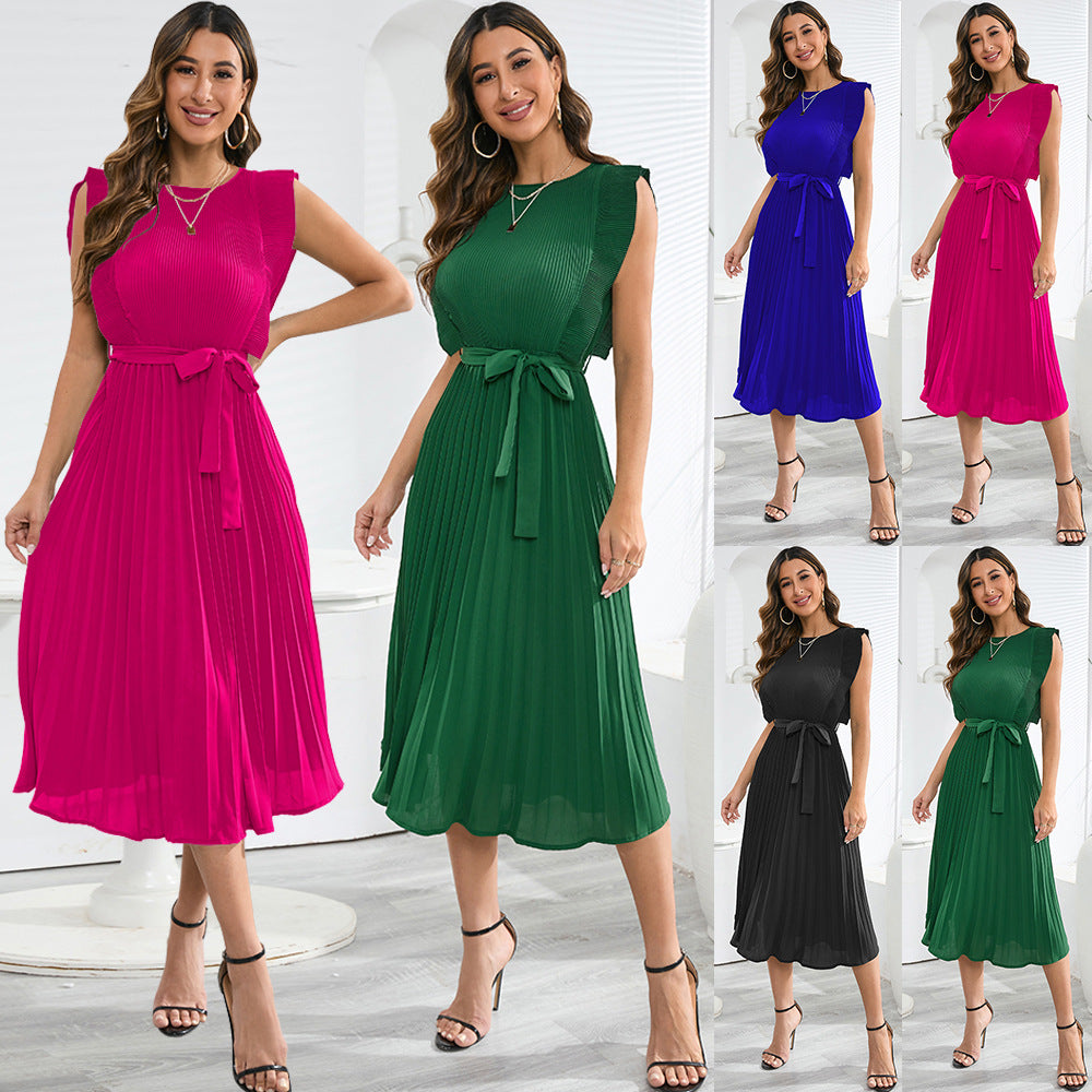 Summer Ruffle Sleeve Folding Pleated Dress Solid Color Plus Size Dress RUIGGE