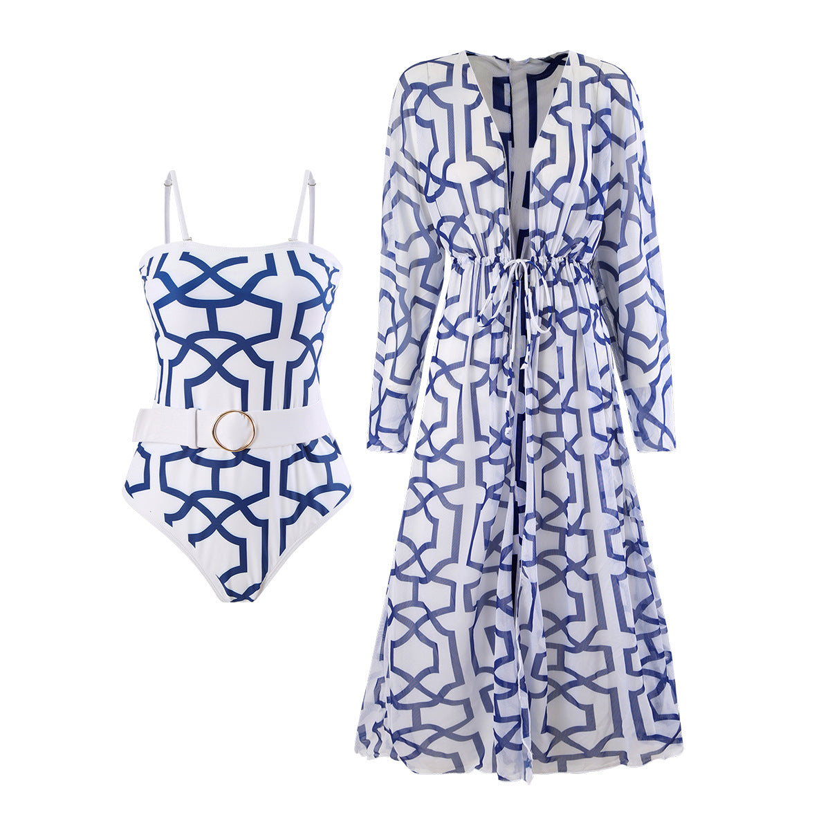 Traje de baño de dos piezas con estampado digital y cinturón abdominal, blusa extragrande para mujer