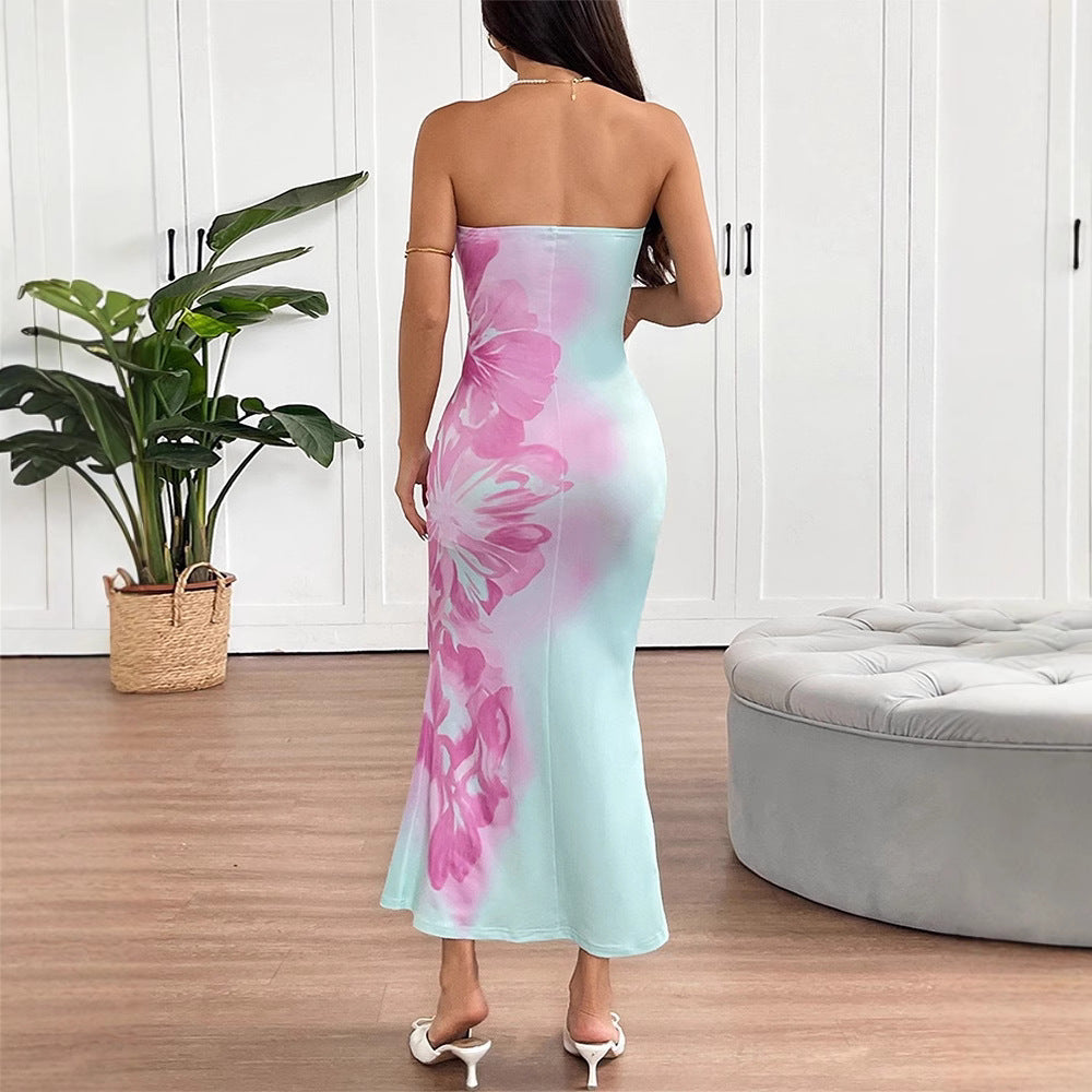 Vestido de verano sexy con escote bandeau, corte entallado, estampado en contraste de colores y espalda descubierta para mujer