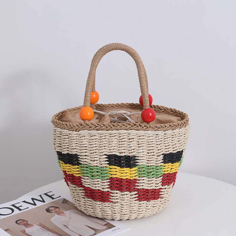 Cute Wooden Bead Portable Straw Weaved Bag Fresh Color Plaid Hand Carrying Woven Bag Fruit Picnic Basket Beach Bag EaseWoven