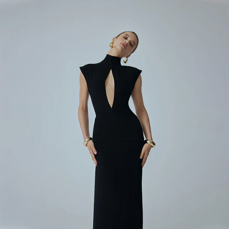 Women Clothing Black Fashionable Slim Fit Figure Flattering Stand Collar Chest Hollow Out Cutout out Mesh Stitching Mop Dress LaceCH