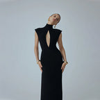 Women Clothing Black Fashionable Slim Fit Figure Flattering Stand Collar Chest Hollow Out Cutout out Mesh Stitching Mop Dress LaceCH