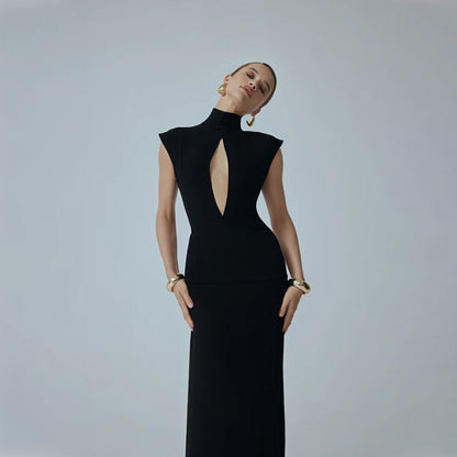 Women Clothing Black Fashionable Slim Fit Figure Flattering Stand Collar Chest Hollow Out Cutout out Mesh Stitching Mop Dress LaceCH