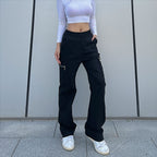 Pantalons tendance pour femmes, pantalons cargo tendance, pantalons à poches et fermetures éclair, pantalons amples de style urbain à jambes droites, pantalons de ville