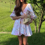 Printed Dress for Women Summer Sexy Backless V neck Puff Sleeve Tied High Waist A line Dress Kigali