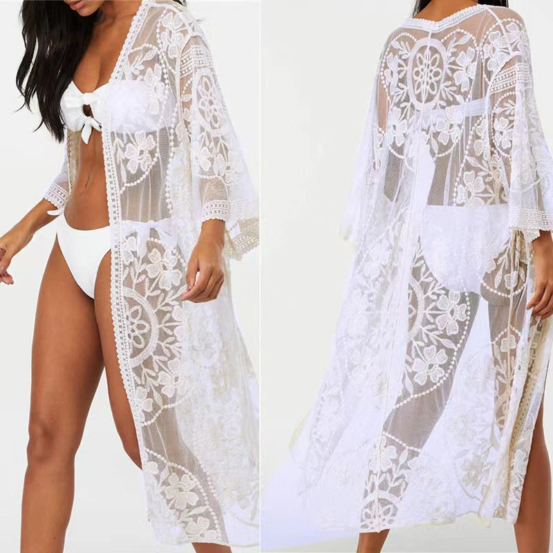 Lace Mesh Crochet Beach Cover up Seaside Vacation Bikini Sun Protection Clothing YTCYZ