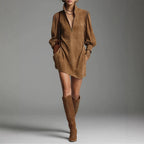 Elegant Solid Color Long Sleeve Zipped Stand Collar Dress Retro Venly