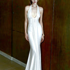 Spring Summer Women Clothing Solid Color Elegant U Collar Halter Backless Slim Dress LAGERFELD