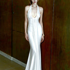 Spring Summer Women Clothing Solid Color Elegant U Collar Halter Backless Slim Dress LAGERFELD