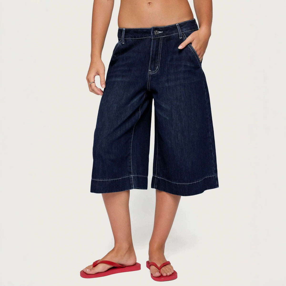 Summer Popular Low Waist Casual All Match Loose Straight Washed Denim Cropped Shorts Shocen