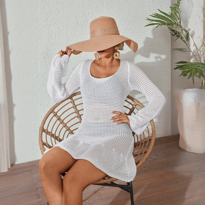 Women Solid Color Sexy Knitted Beach Bikini Swimsuit Blouse Sun Protective Clothing