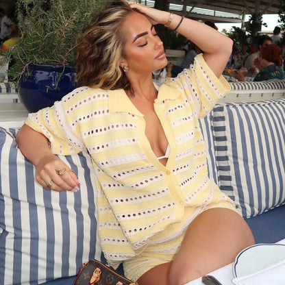 Solid Color Sexy Knitted Beach Bikini Swimsuit Blouse Sun Proof Set Women Mangar