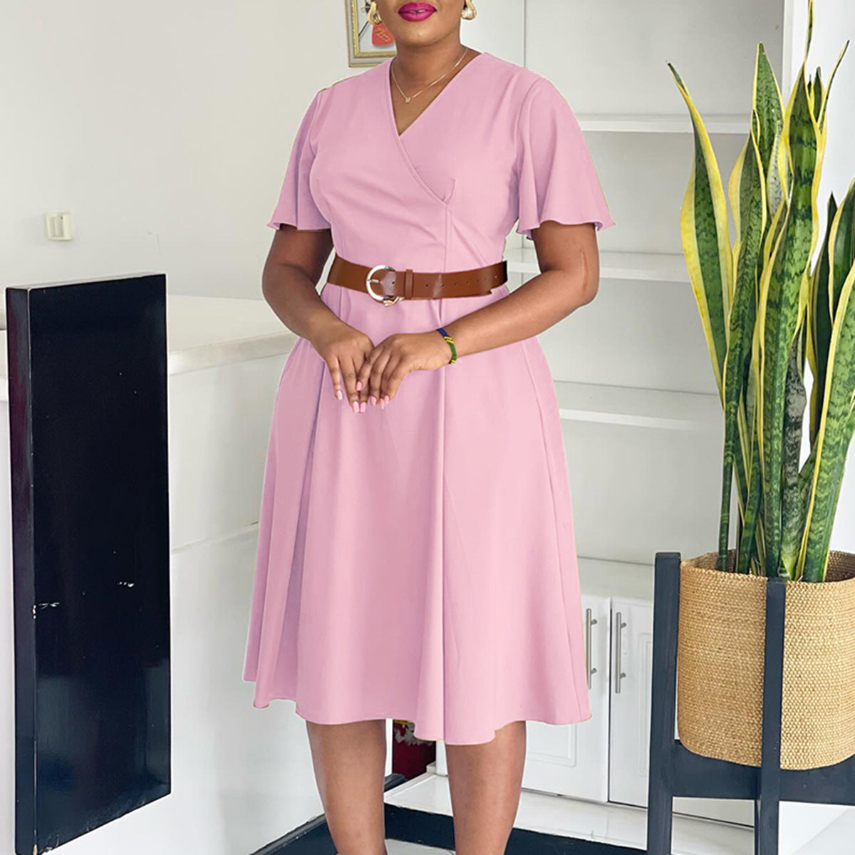 Women Clothing Elegant Solid Color V neck Flared Sleeves Dress Morn