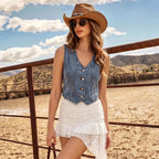 Retro Denim Sleeveless Top V neck Single Breasted Tight Waist Slim Denim Vest MANNY