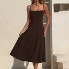 Women Clothing Summer Suspender Pleated off Neck Cinched Swing Dress Fashionable Elegant Dress LEKINS