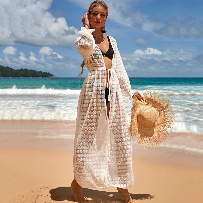 Chaqueta Larga de Encaje Circular para Vacaciones en la Playa Protección Solar Abrigo de Playa Traje de Baño para Mujer con Ganchillo