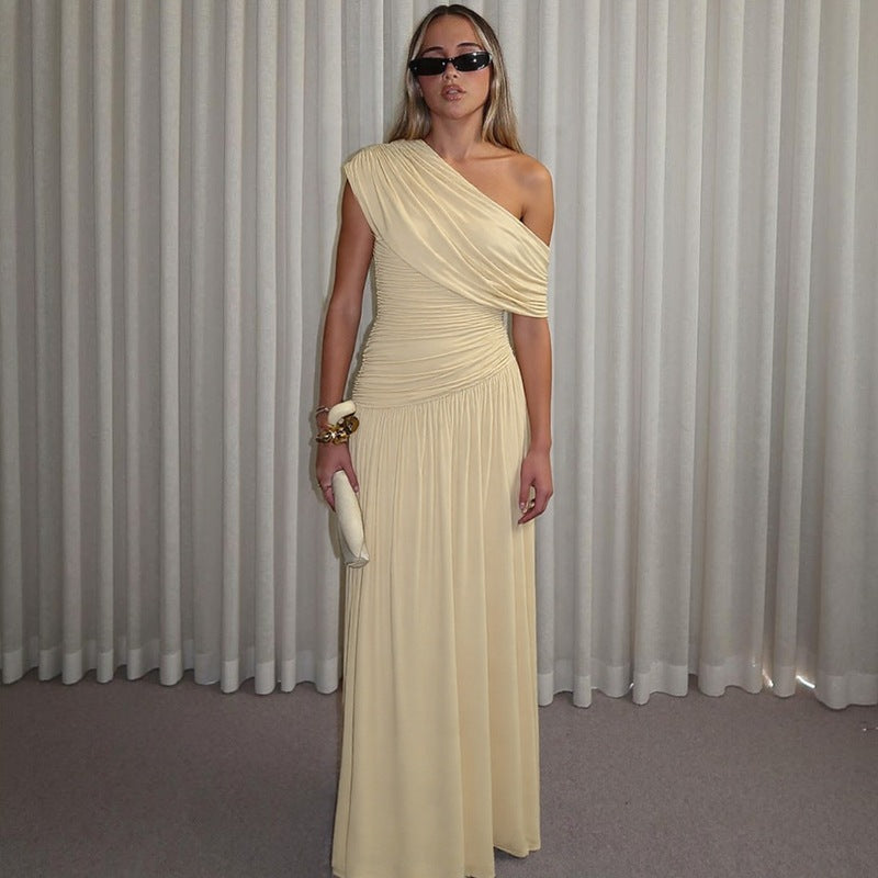 Women Clothing Spring Arrival Fashionable Sexy Diagonal Collar Pleated Asymmetrical Solid Color Dress BULLINGER
