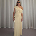 Women Clothing Spring Arrival Fashionable Sexy Diagonal Collar Pleated Asymmetrical Solid Color Dress BULLINGER