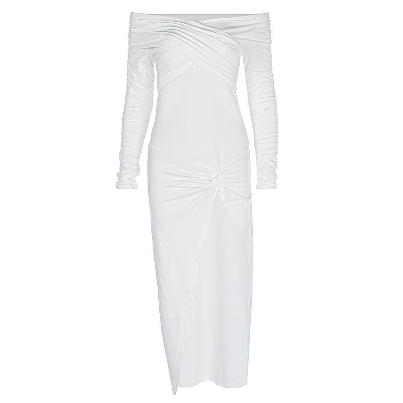 Women Clothing Autumn Solid Color off the Shoulder Tube Top Split Pleated Long Sleeve Dress
