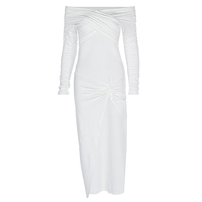 Women Clothing Autumn Solid Color off the Shoulder Tube Top Split Pleated Long Sleeve Dress
