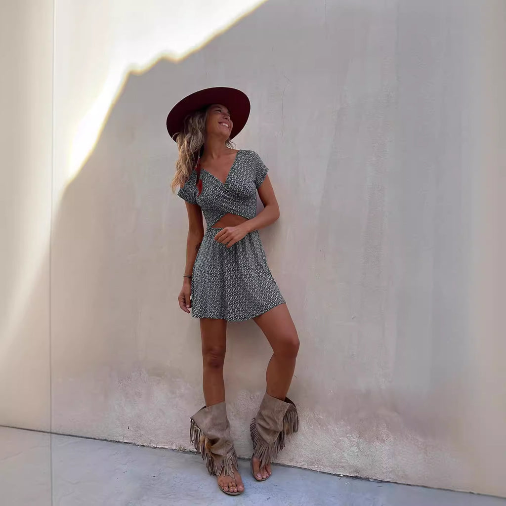 Summer Short Sleeve Two Sided Wear Printed Short Dress Gemi