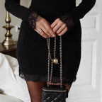 Vestido elegante de seda color leche ajustado negro con costuras de encaje y escote en V para mujer adulta Otoño Invierno