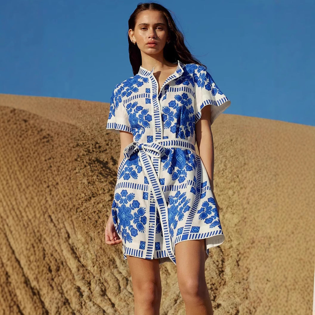 Summer Trade Casual Women Clothing Printed Lace up Dress XUYUN