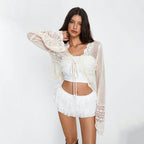 Blouse V neck Lace up Cropped Knitted Sweater Women Hollow Out Cutout Long Sleeved Sun Proof Cardigan Coat Mangar
