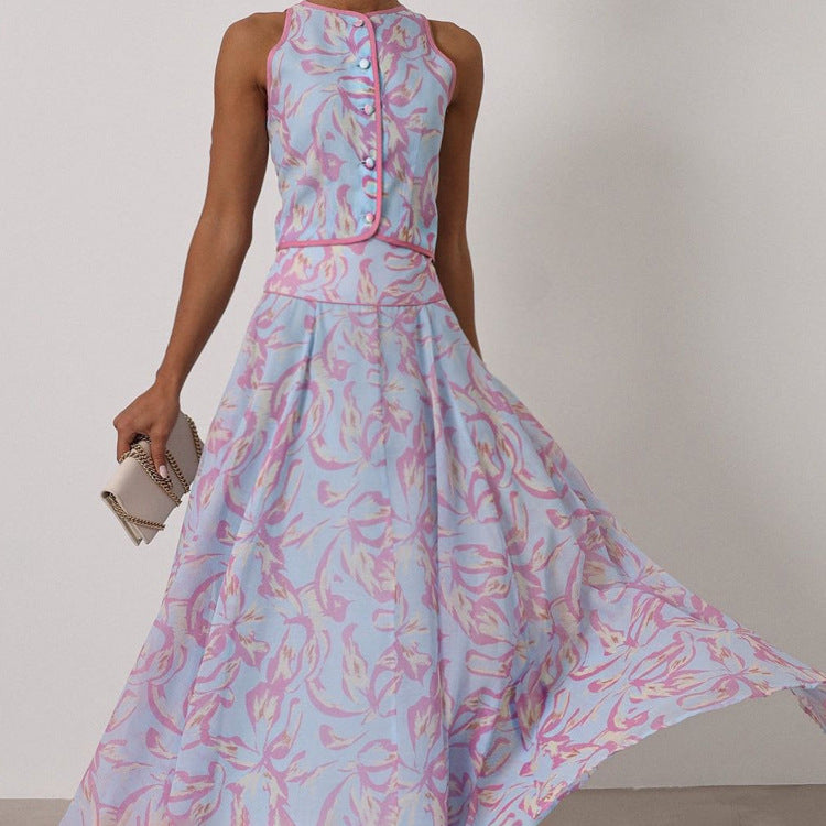 Summer Printed Skirt Set Women Arrival round Neck Sleeveless Cardigan Top Skirt Two Piece Set Commuting Kigali