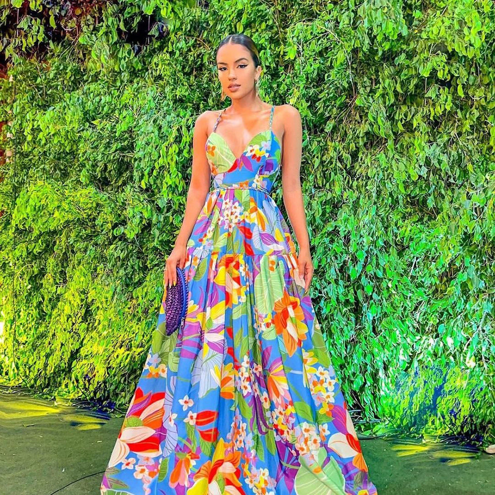 Summer Women Clothing Dress Holiday Floral Print Multi Color off Shoulder Large Swing Sling Long SCC